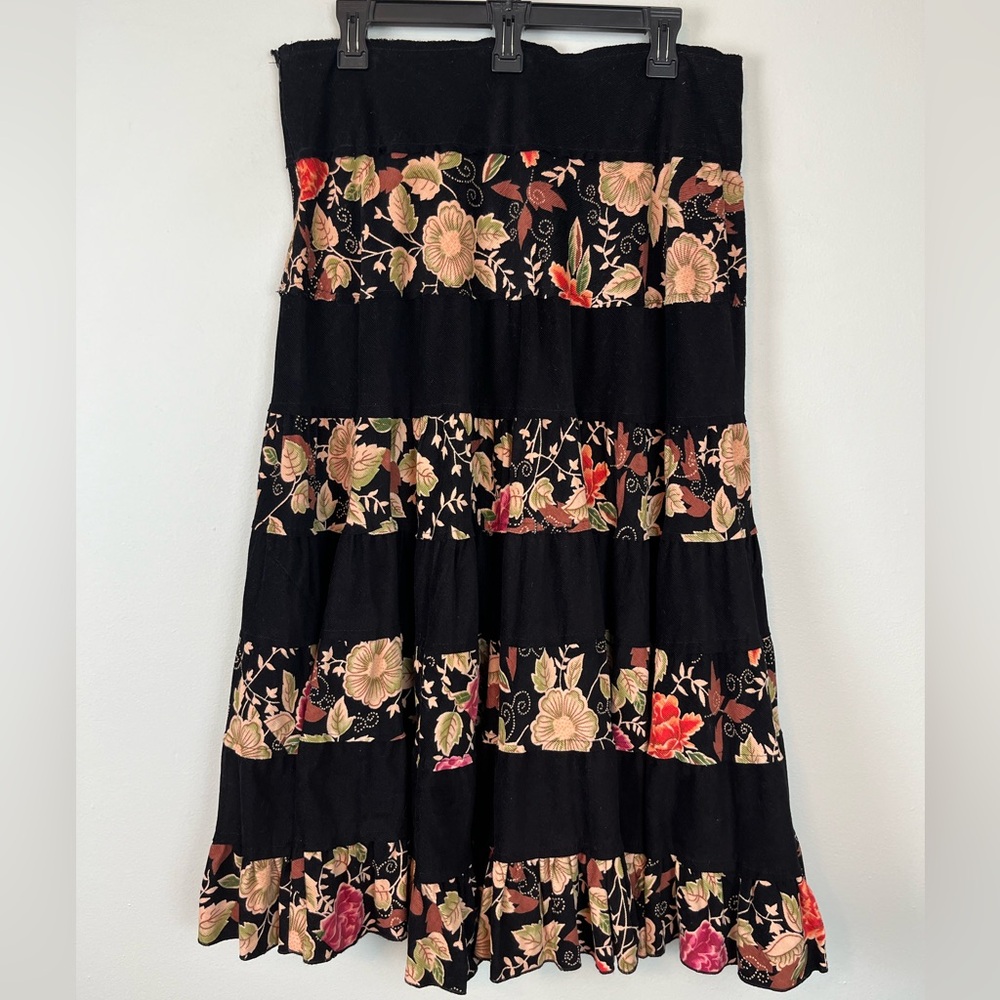 Vintage Willi Smith Tiered Floral Black Cotton Corduroy Midi Skirt 12